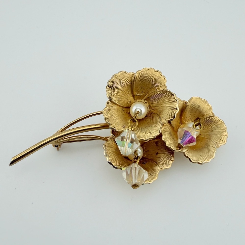 Weiss Vintage Brooch Gold Tone Triple Flower Faux Pearl AB Crystal Dangle Pin